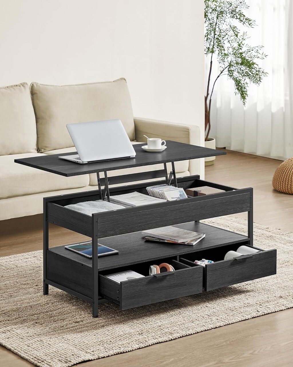 Masuta de cafea cu blat rabatabil, Vasagle, 100x50x48-63 cm, max 136 kg, gri/negru - imagine 7
